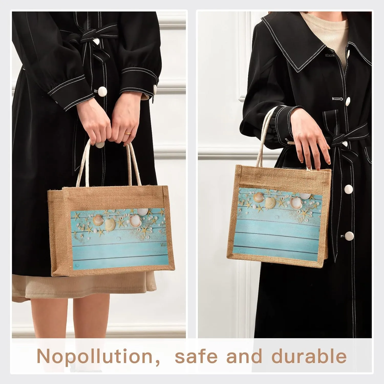 CaTaKu Sea Wooden Jute Tote Bags with Handles & Zipper Reusable Shopping Grocery Bags Burlap Bags with Front Canvas Pocket Gift Bags for Wedding 12" x 9"