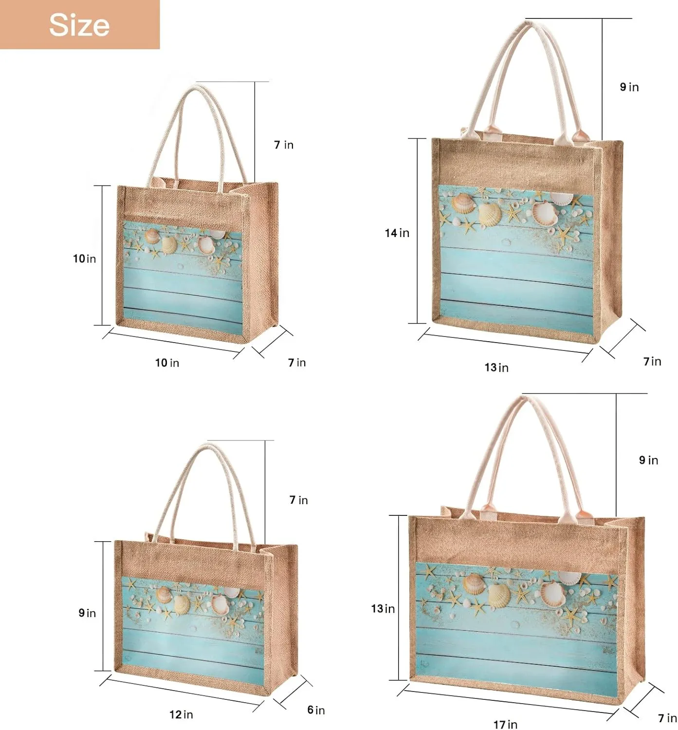 CaTaKu Sea Wooden Jute Tote Bags with Handles & Zipper Reusable Shopping Grocery Bags Burlap Bags with Front Canvas Pocket Gift Bags for Wedding 12" x 9"