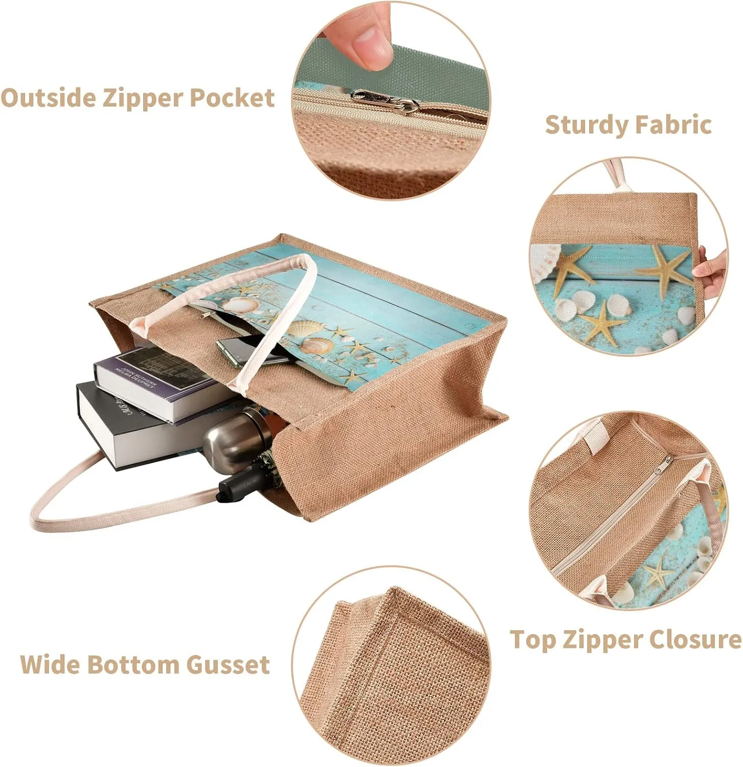 CaTaKu Sea Wooden Jute Tote Bags with Handles & Zipper Reusable Shopping Grocery Bags Burlap Bags with Front Canvas Pocket Gift Bags for Wedding 12" x 9"