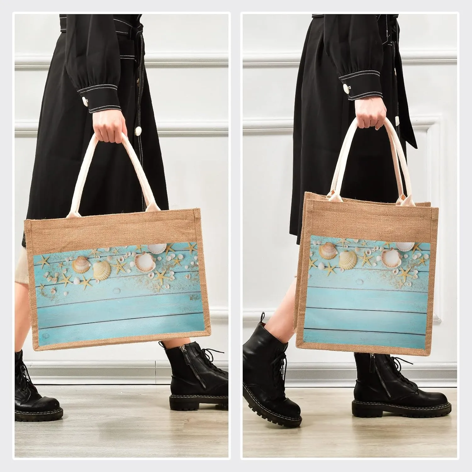 CaTaKu Sea Wooden Jute Tote Bags with Handles & Zipper Reusable Shopping Grocery Bags Burlap Bags with Front Canvas Pocket Gift Bags for Wedding 12" x 9"