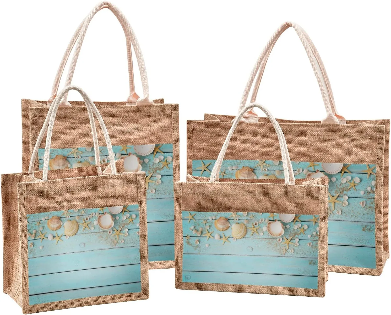 CaTaKu Sea Wooden Jute Tote Bags with Handles & Zipper Reusable Shopping Grocery Bags Burlap Bags with Front Canvas Pocket Gift Bags for Wedding 12" x 9"