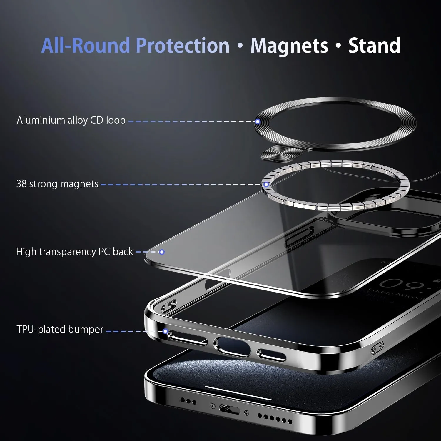 [CD Ring Compatible with MagSafe Invisible Stand] Magnetic for iPhone 16 Pro Max Case, [Clear Bumper Non-Yellowing] [Look as Bare iPhone] Slim Clear Case with Holder for Women Men Girls, Titanium Gray