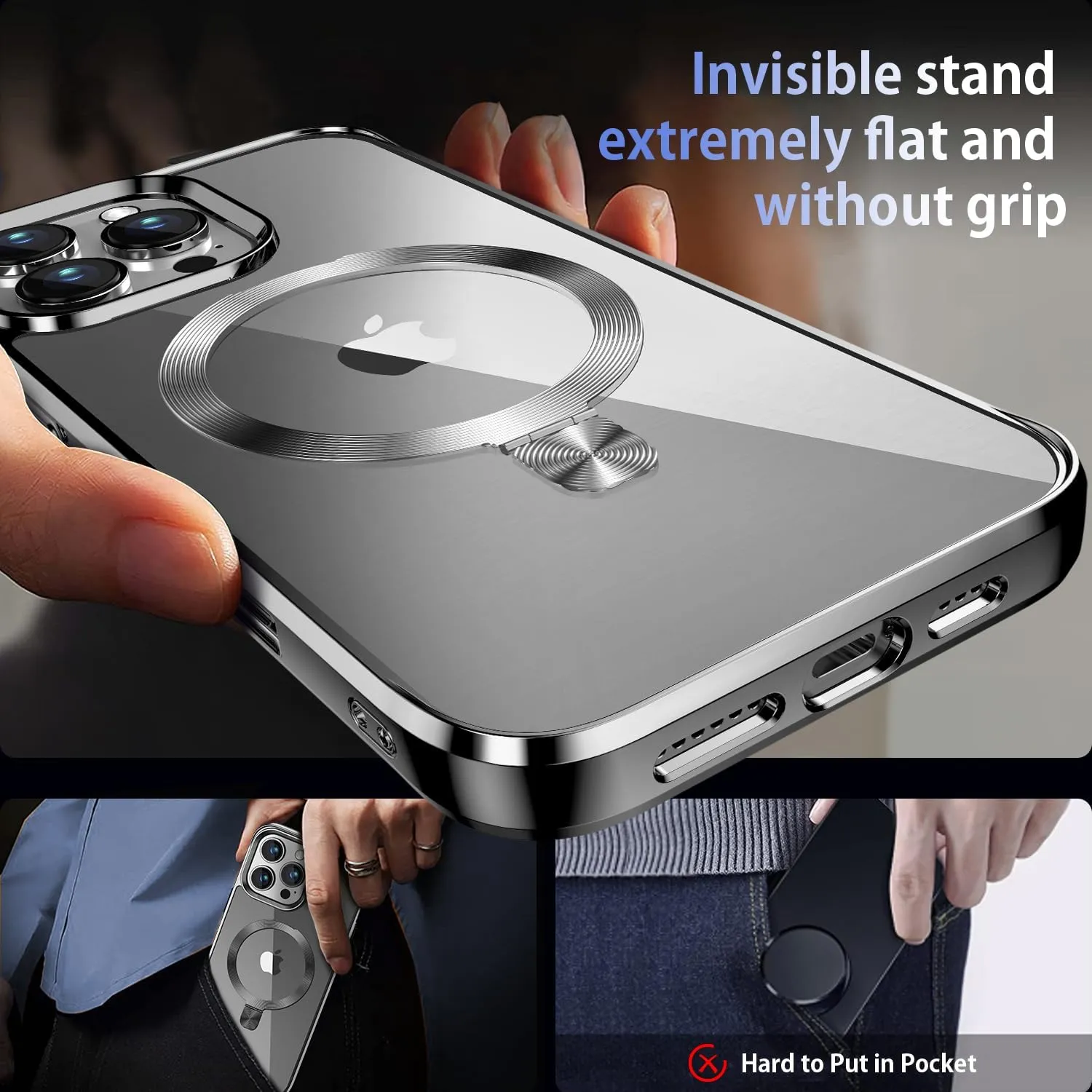[CD Ring Compatible with MagSafe Invisible Stand] Magnetic for iPhone 16 Pro Max Case, [Clear Bumper Non-Yellowing] [Look as Bare iPhone] Slim Clear Case with Holder for Women Men Girls, Titanium Gray