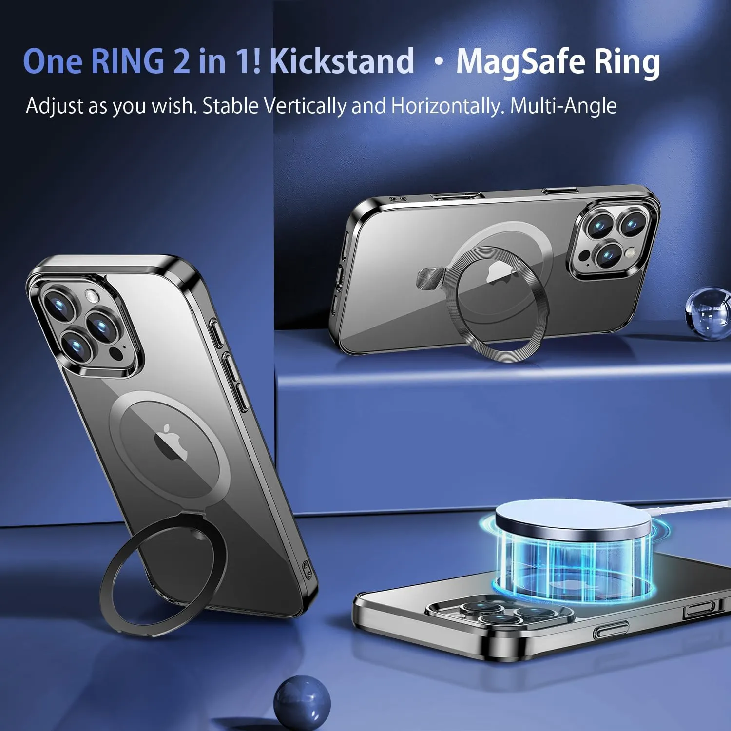 [CD Ring Compatible with MagSafe Invisible Stand] Magnetic for iPhone 16 Pro Max Case, [Clear Bumper Non-Yellowing] [Look as Bare iPhone] Slim Clear Case with Holder for Women Men Girls, Titanium Gray