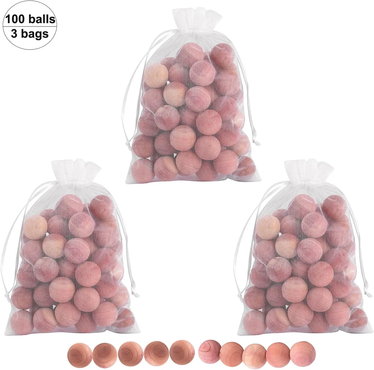 Cedar Balls for Clothes Storages, 100pc Red Cedar Balls for Closets and Drawers with 3 Satin Bags