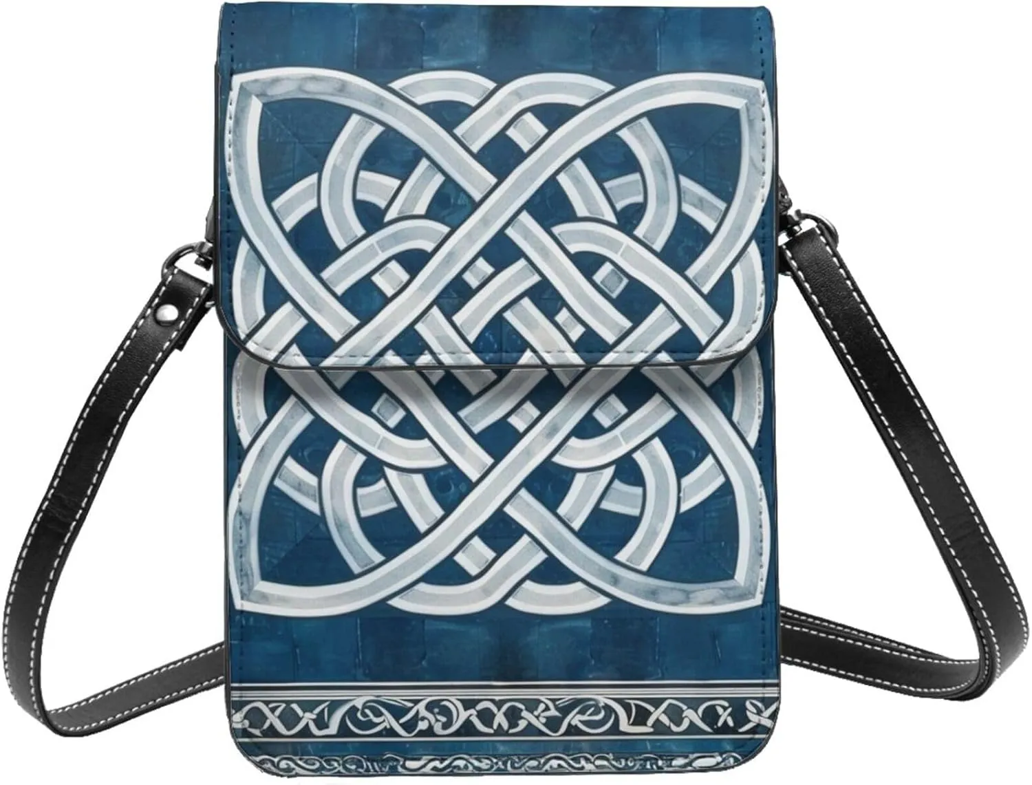 Celtic Love Knot Fortune Symbol Irish Blue White Crossbody Cell Phone Purse For Women Teen Girls Leather Small Crossbody Bag Mini Phone Pouch Purse, 7.5x5.3 Inches