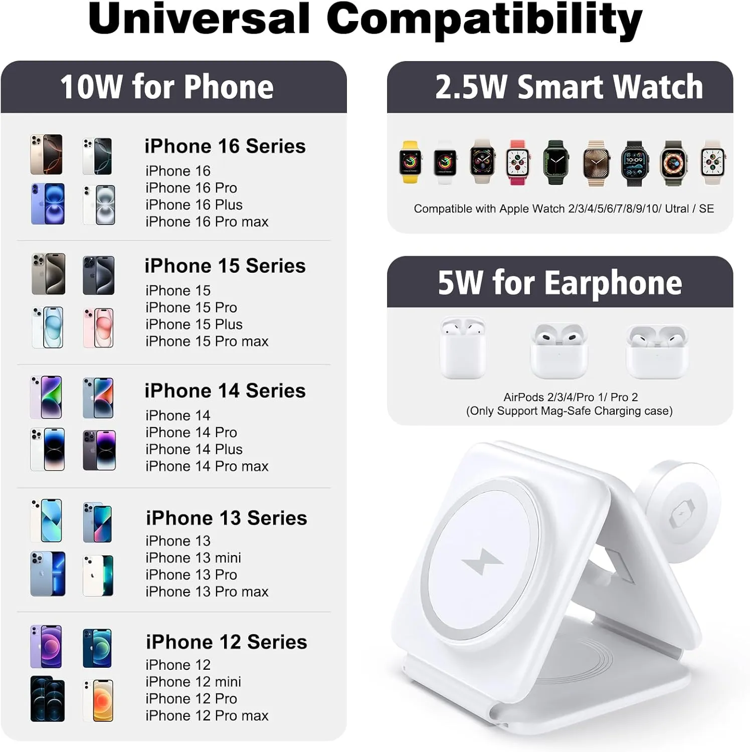 Charging Station for Apple Multiple Devices - 3 in 1 Foldable Magnetic Wireless Charger Dock - Travel Charging Pad for iPhone 16 15 14 13 12 Pro Max Plus Watch & Airpods