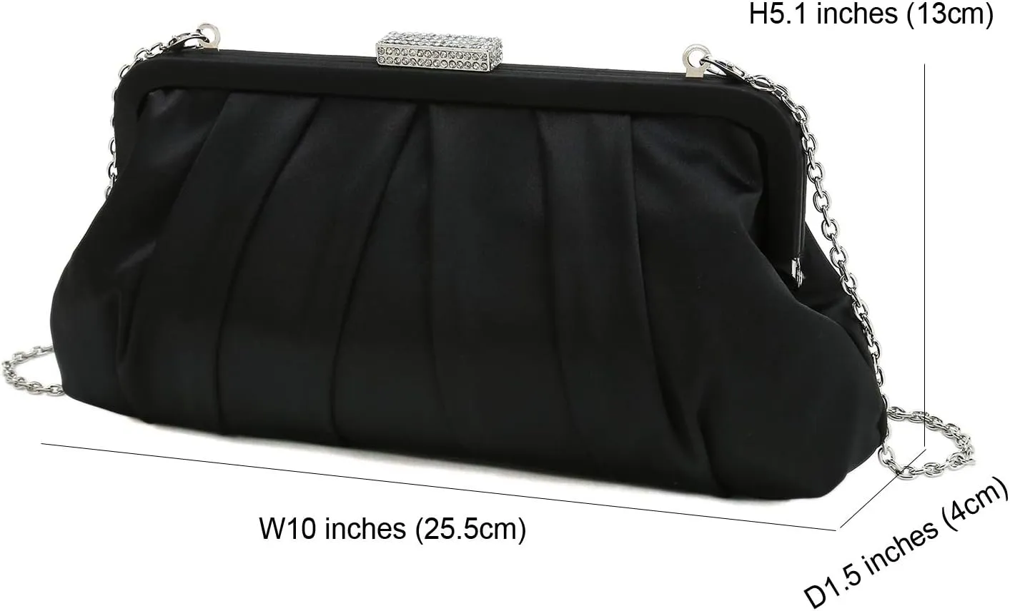CHARMING TAILOR Classic Pleated Satin Clutch Bag Diamante Embellished Formal Handbag for Wedding/Prom/Black-Tie Events