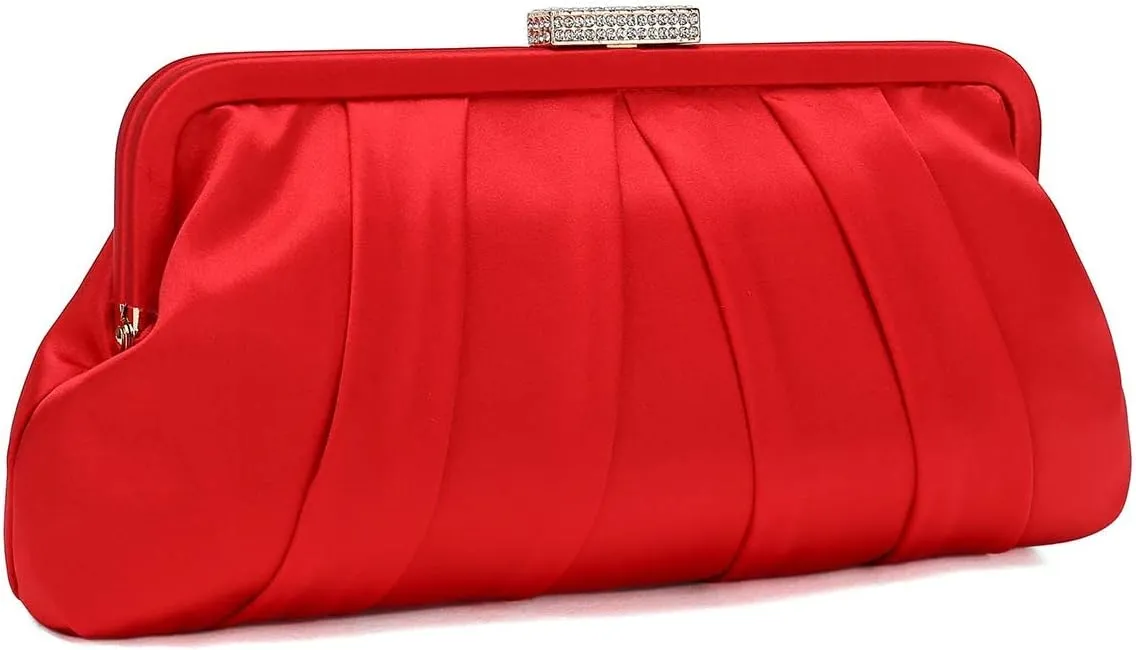 CHARMING TAILOR Classic Pleated Satin Clutch Bag Diamante Embellished Formal Handbag for Wedding/Prom/Black-Tie Events