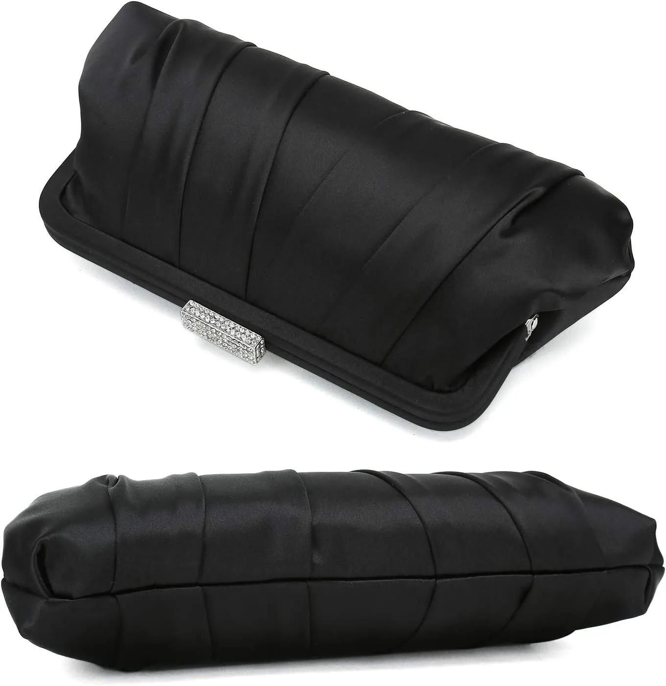 CHARMING TAILOR Classic Pleated Satin Clutch Bag Diamante Embellished Formal Handbag for Wedding/Prom/Black-Tie Events