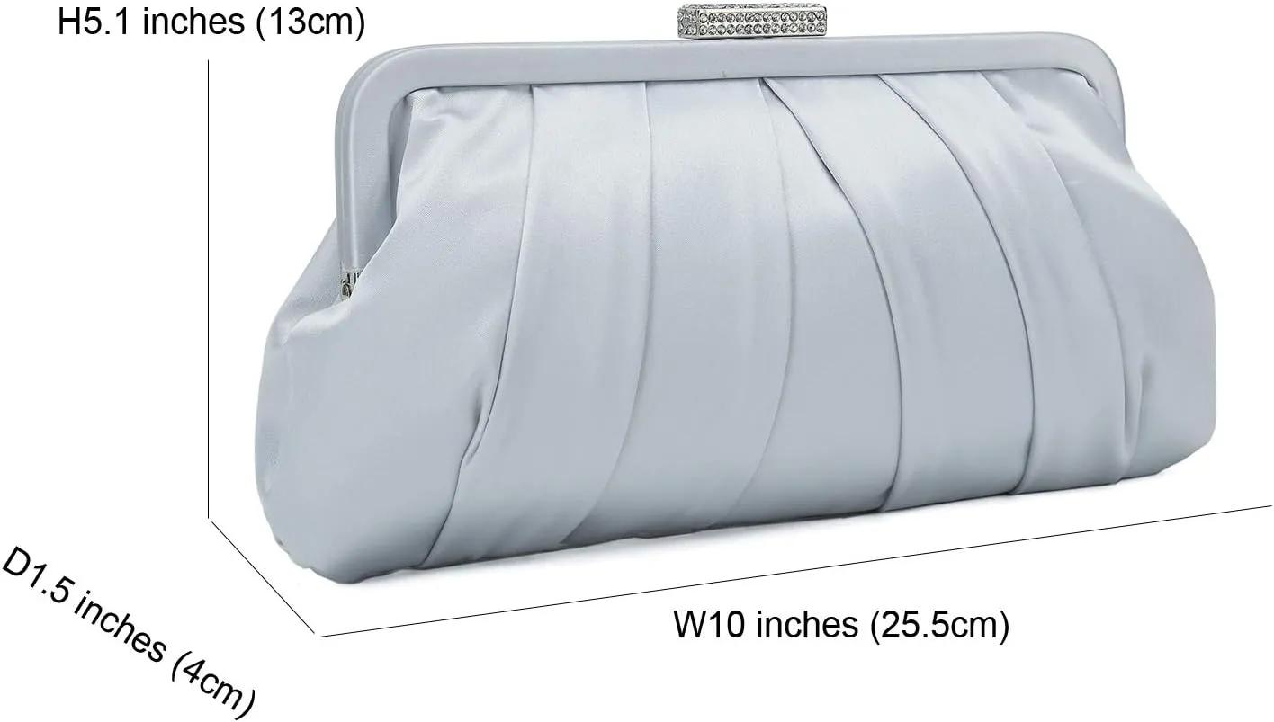 CHARMING TAILOR Classic Pleated Satin Clutch Bag Diamante Embellished Formal Handbag for Wedding/Prom/Black-Tie Events