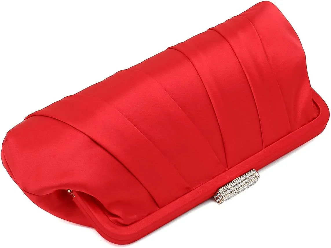 CHARMING TAILOR Classic Pleated Satin Clutch Bag Diamante Embellished Formal Handbag for Wedding/Prom/Black-Tie Events