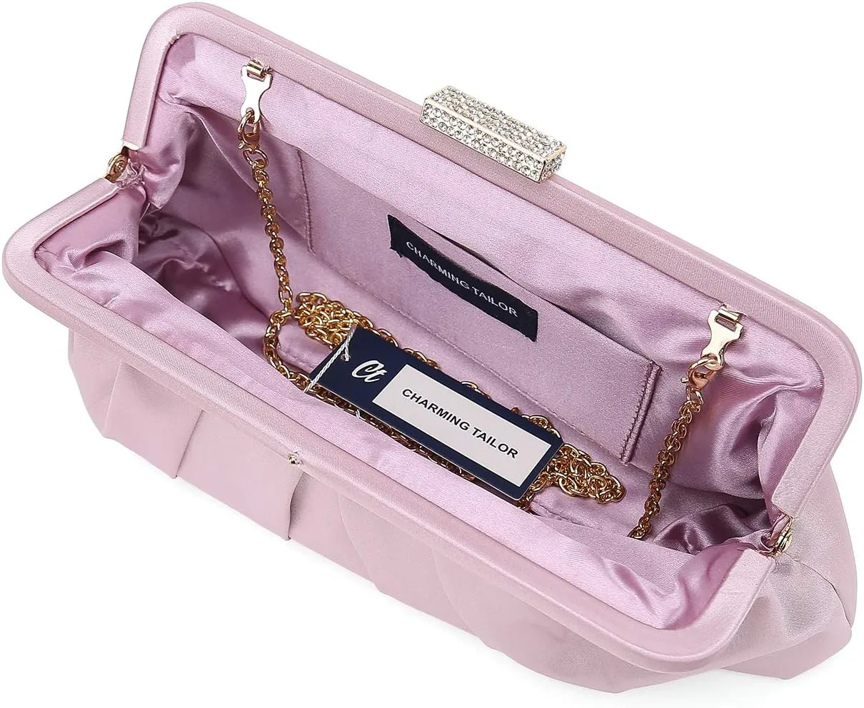 CHARMING TAILOR Classic Pleated Satin Clutch Bag Diamante Embellished Formal Handbag for Wedding/Prom/Black-Tie Events