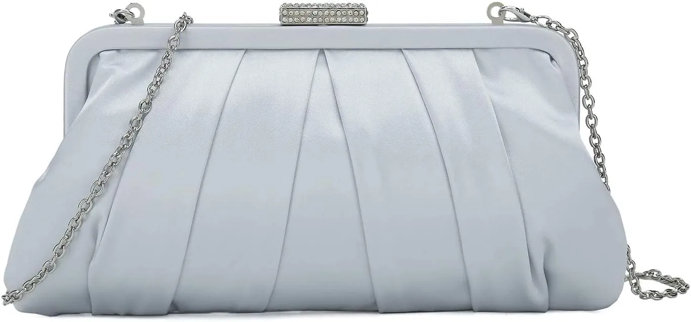 CHARMING TAILOR Classic Pleated Satin Clutch Bag Diamante Embellished Formal Handbag for Wedding/Prom/Black-Tie Events