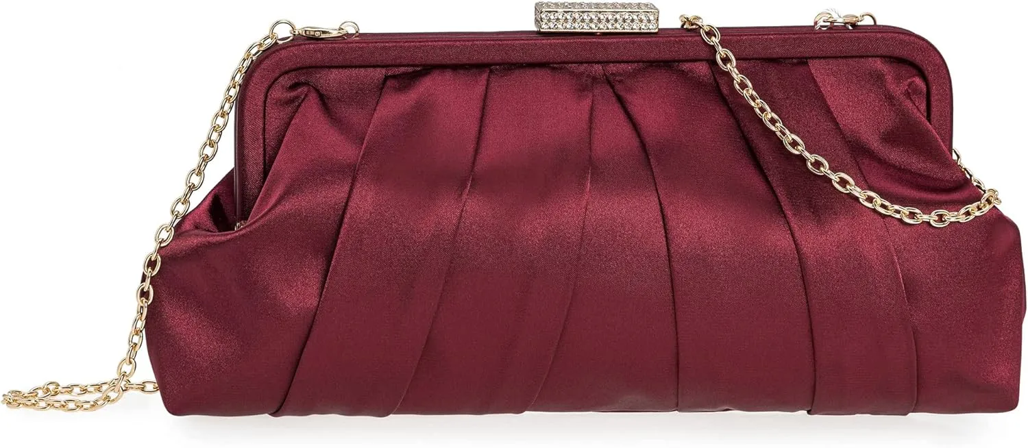 CHARMING TAILOR Classic Pleated Satin Clutch Bag Diamante Embellished Formal Handbag for Wedding/Prom/Black-Tie Events