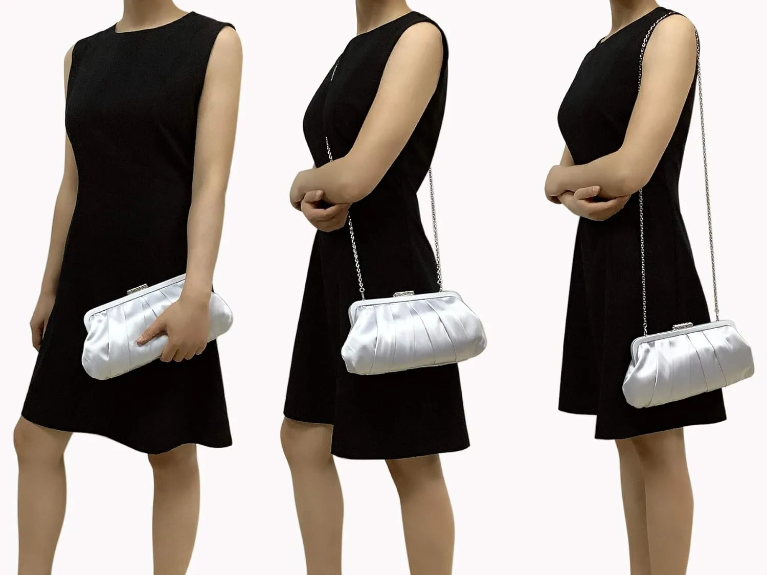 CHARMING TAILOR Classic Pleated Satin Clutch Bag Diamante Embellished Formal Handbag for Wedding/Prom/Black-Tie Events