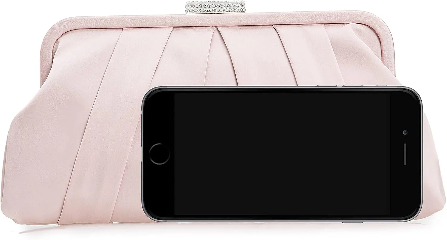 CHARMING TAILOR Classic Pleated Satin Clutch Bag Diamante Embellished Formal Handbag for Wedding/Prom/Black-Tie Events
