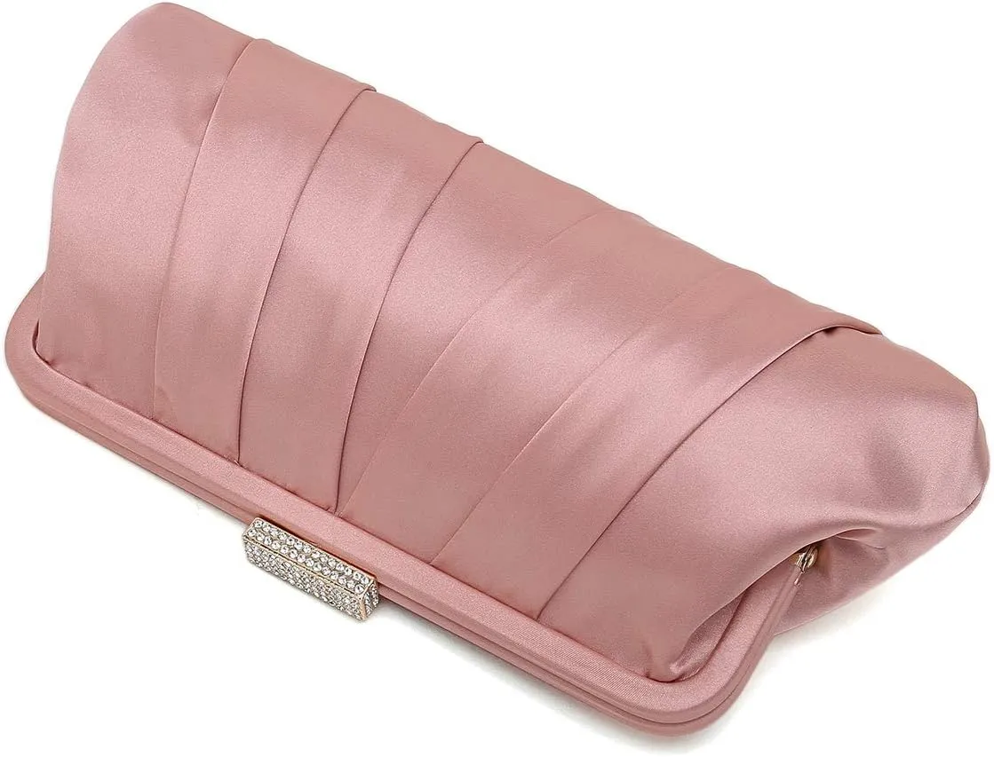 CHARMING TAILOR Classic Pleated Satin Clutch Bag Diamante Embellished Formal Handbag for Wedding/Prom/Black-Tie Events