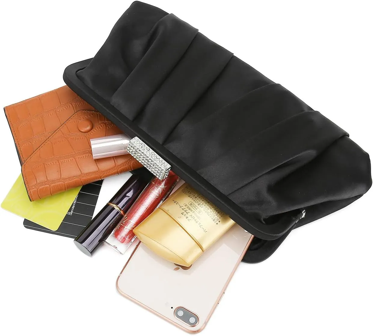 CHARMING TAILOR Classic Pleated Satin Clutch Bag Diamante Embellished Formal Handbag for Wedding/Prom/Black-Tie Events