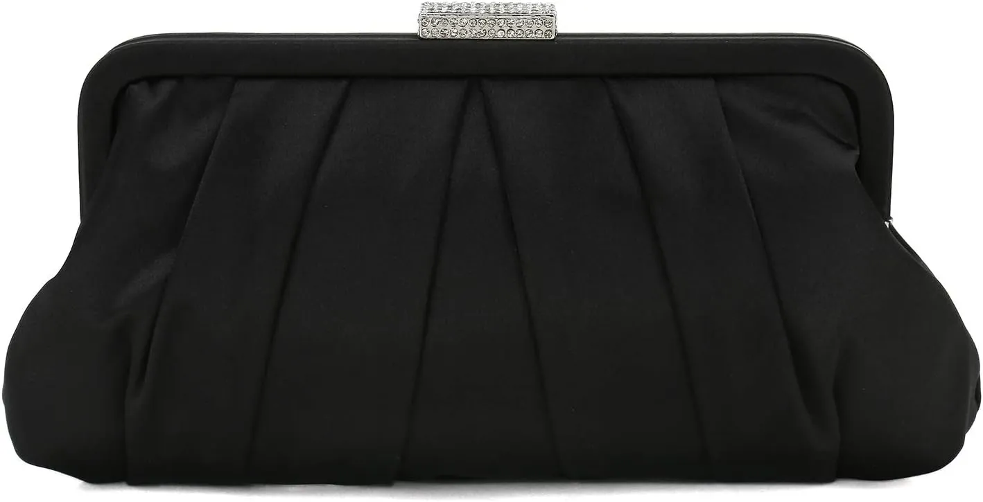 CHARMING TAILOR Classic Pleated Satin Clutch Bag Diamante Embellished Formal Handbag for Wedding/Prom/Black-Tie Events