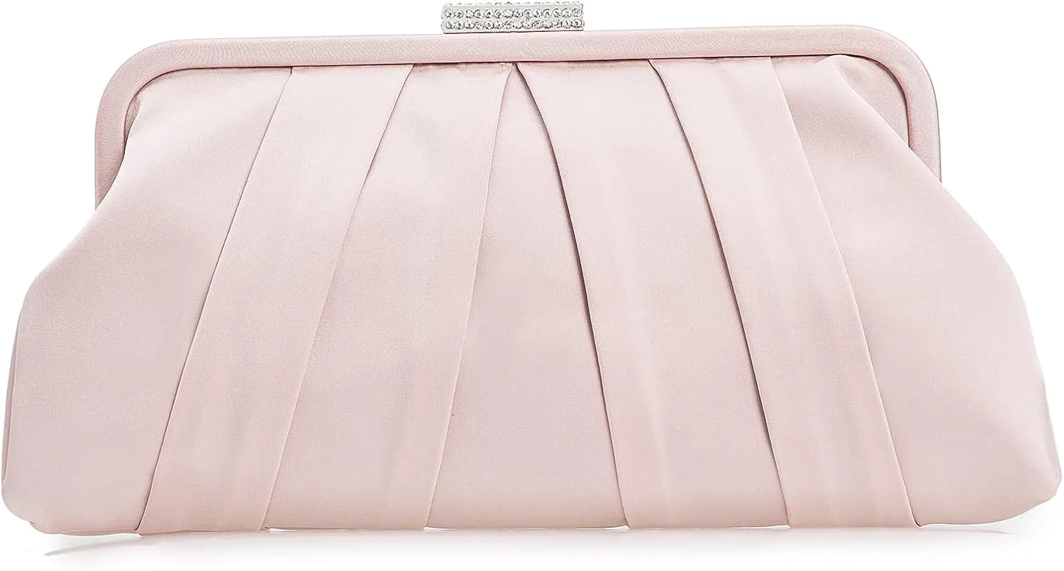 CHARMING TAILOR Classic Pleated Satin Clutch Bag Diamante Embellished Formal Handbag for Wedding/Prom/Black-Tie Events