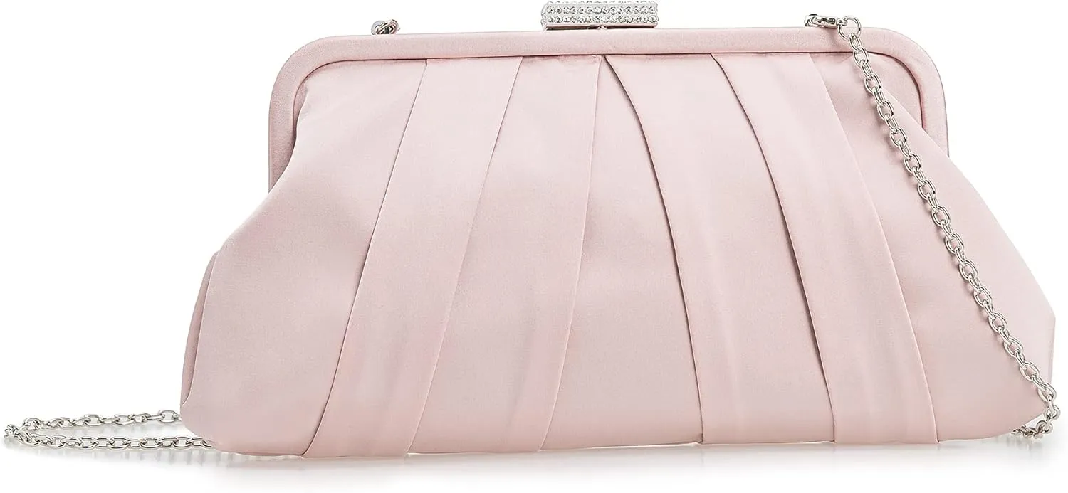 CHARMING TAILOR Classic Pleated Satin Clutch Bag Diamante Embellished Formal Handbag for Wedding/Prom/Black-Tie Events