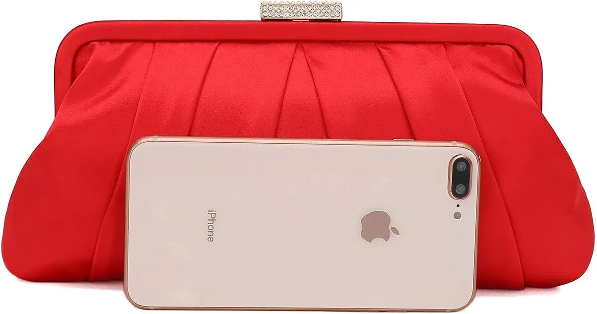 CHARMING TAILOR Classic Pleated Satin Clutch Bag Diamante Embellished Formal Handbag for Wedding/Prom/Black-Tie Events