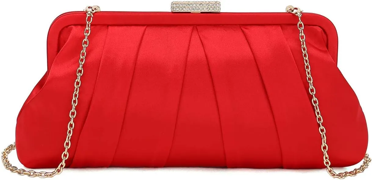CHARMING TAILOR Classic Pleated Satin Clutch Bag Diamante Embellished Formal Handbag for Wedding/Prom/Black-Tie Events
