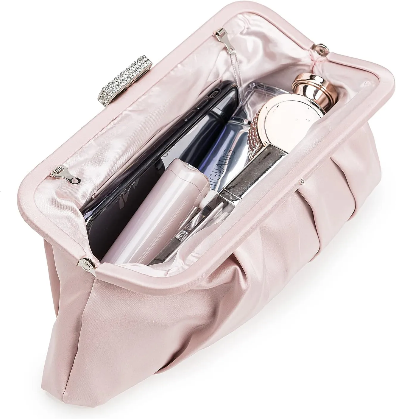 CHARMING TAILOR Classic Pleated Satin Clutch Bag Diamante Embellished Formal Handbag for Wedding/Prom/Black-Tie Events