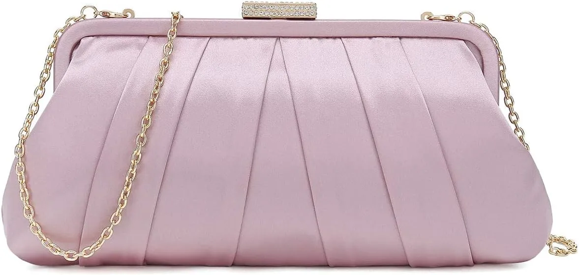 CHARMING TAILOR Classic Pleated Satin Clutch Bag Diamante Embellished Formal Handbag for Wedding/Prom/Black-Tie Events