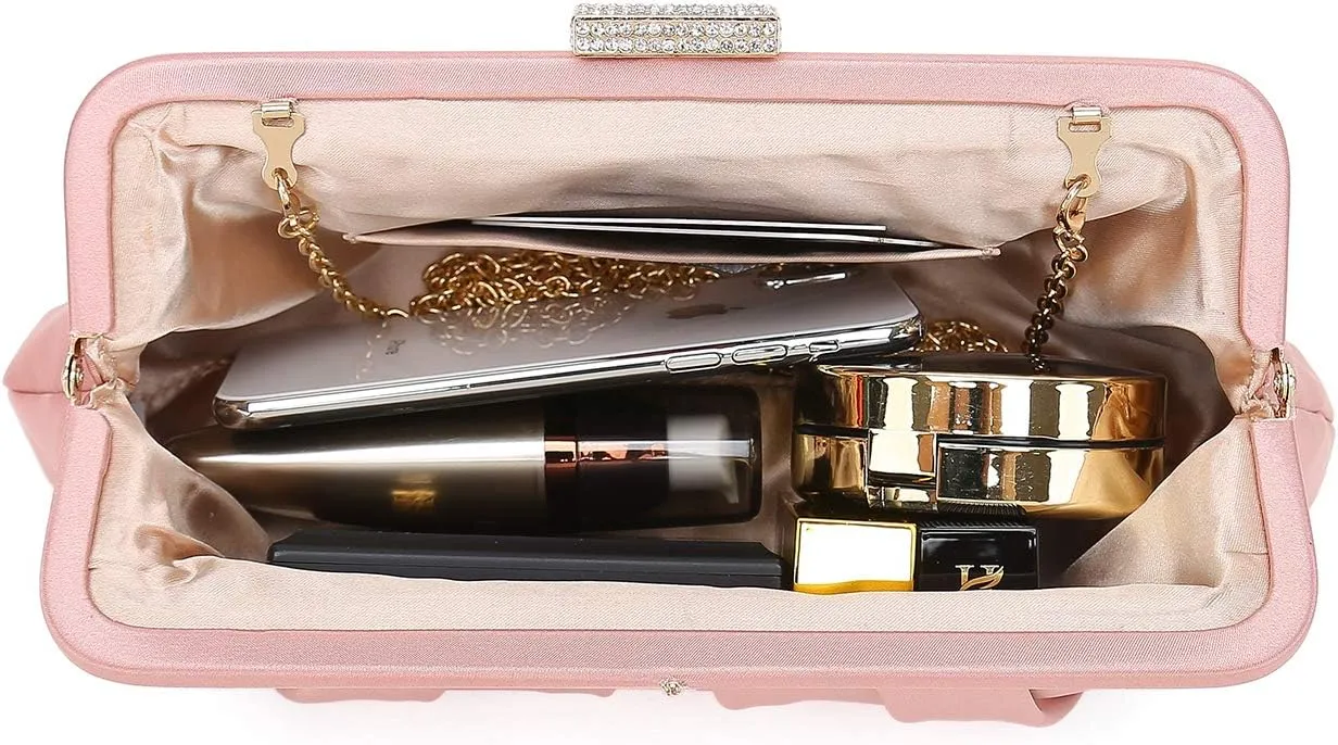 CHARMING TAILOR Classic Pleated Satin Clutch Bag Diamante Embellished Formal Handbag for Wedding/Prom/Black-Tie Events