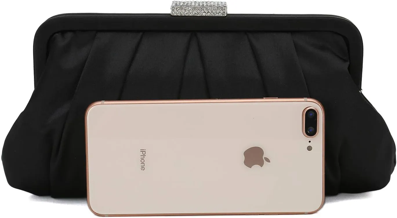 CHARMING TAILOR Classic Pleated Satin Clutch Bag Diamante Embellished Formal Handbag for Wedding/Prom/Black-Tie Events