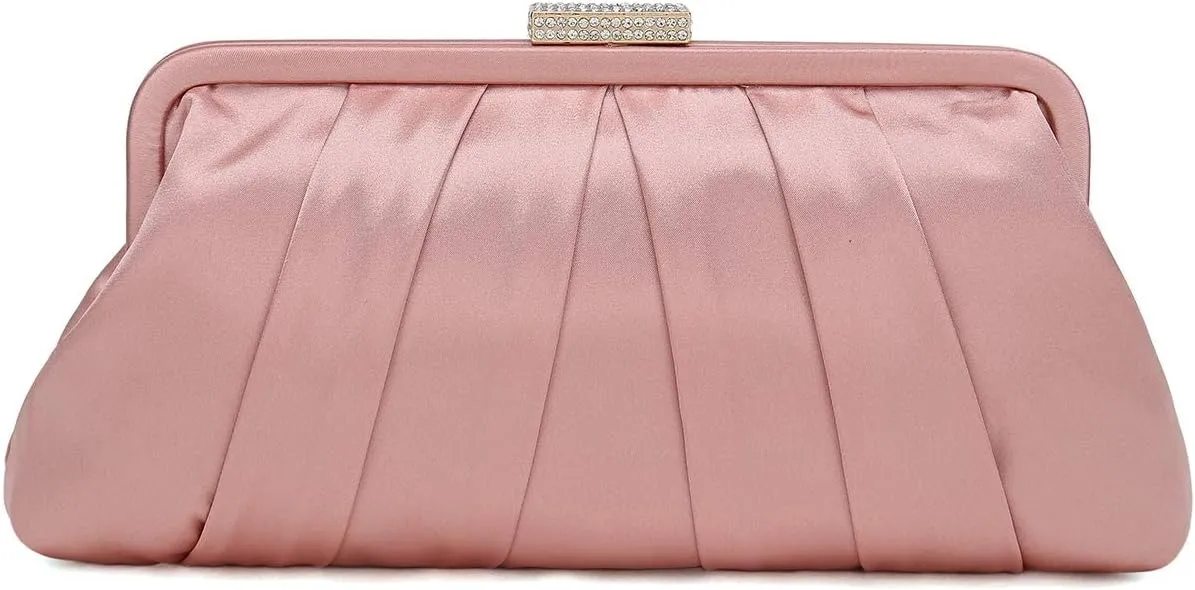 CHARMING TAILOR Classic Pleated Satin Clutch Bag Diamante Embellished Formal Handbag for Wedding/Prom/Black-Tie Events
