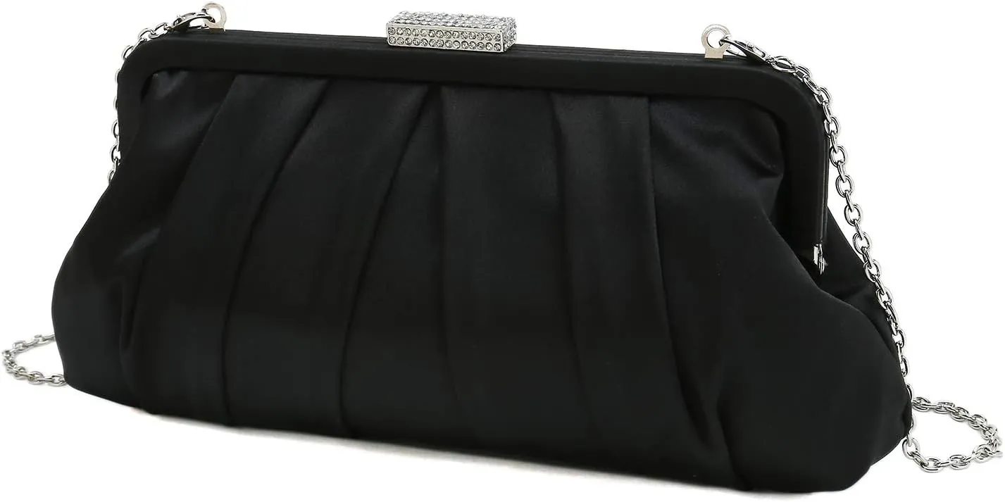 CHARMING TAILOR Classic Pleated Satin Clutch Bag Diamante Embellished Formal Handbag for Wedding/Prom/Black-Tie Events