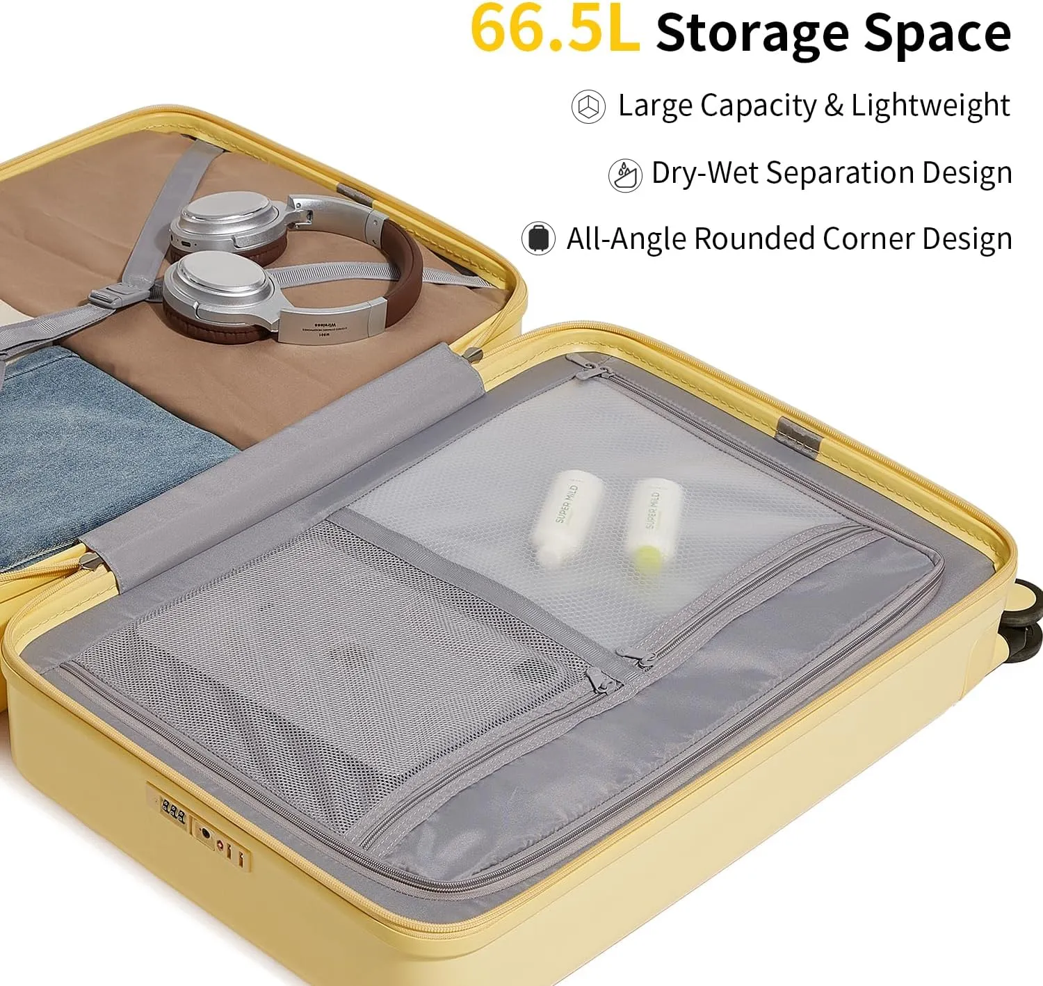 Checked 24 inch Luggage with 8 Spinner Wheels, Large Suitcase with TSA Lock, 100% Lightweight PC Hard Shell travel luggage Suitcases for Men Women, 24-Inch Checked-In, Cheese Yellow