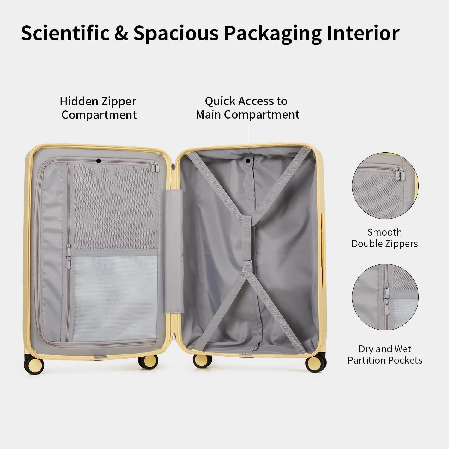 Checked 24 inch Luggage with 8 Spinner Wheels, Large Suitcase with TSA Lock, 100% Lightweight PC Hard Shell travel luggage Suitcases for Men Women, 24-Inch Checked-In, Cheese Yellow