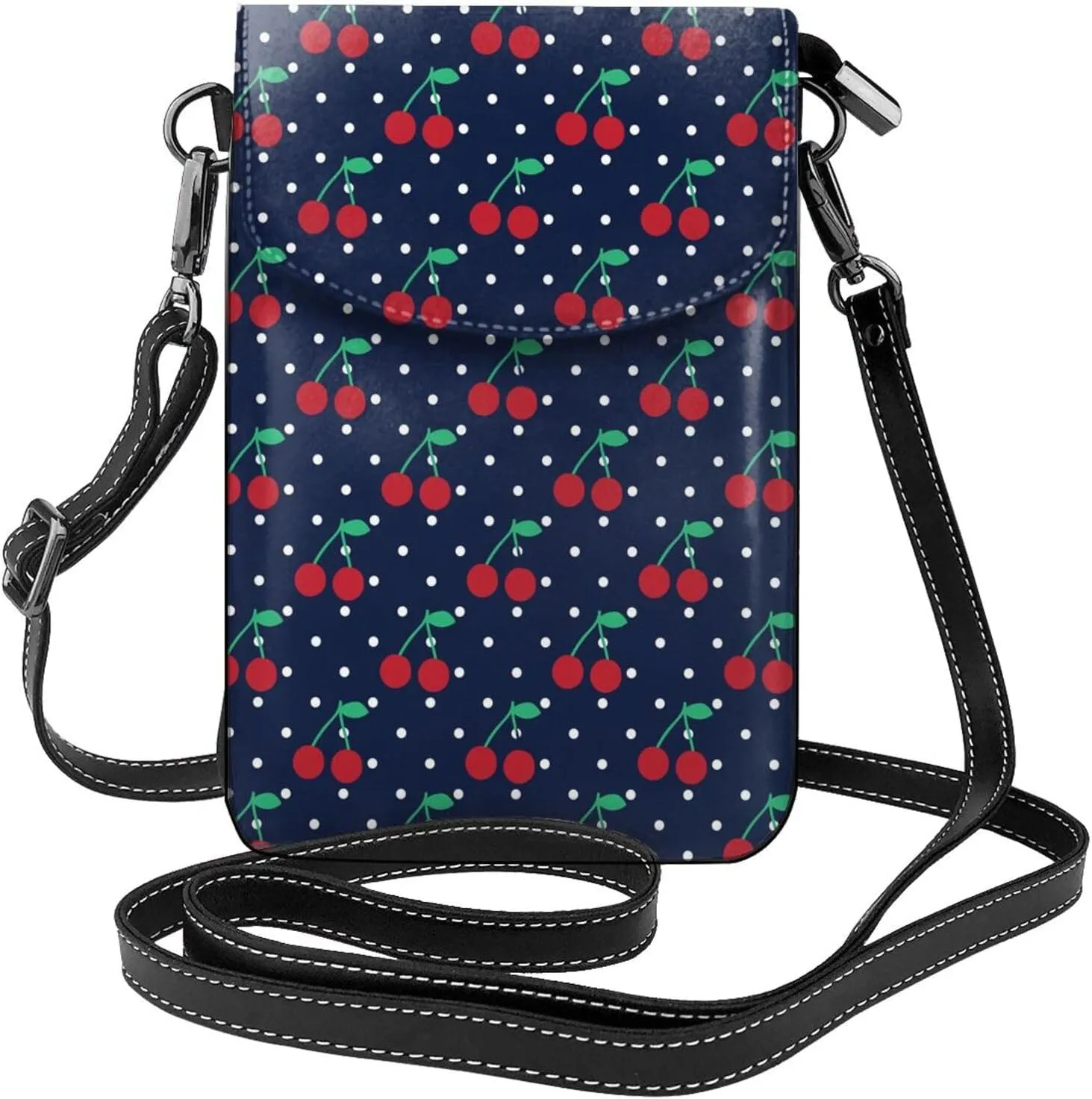 Cherry Dots Pattern Crossbody Bag for Women PU Leather Small Travel Cell Phone Pouch Lightweight Mini Phone Purse Wallet Cross Body Shoulder Bags with Card Slots and Shoulder Strap