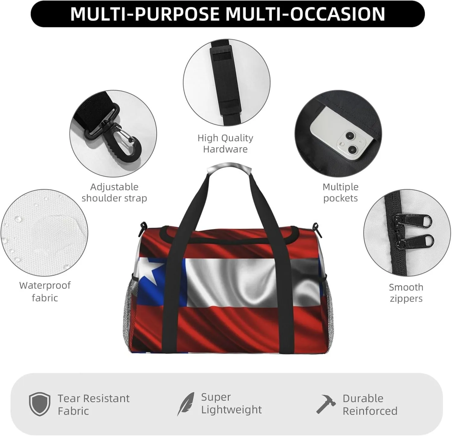 Chile Satin Flag Travel Duffel Bag Large Foldable Waterproof Overnight Bag For Beach Swim Bags Pool Sports Gym