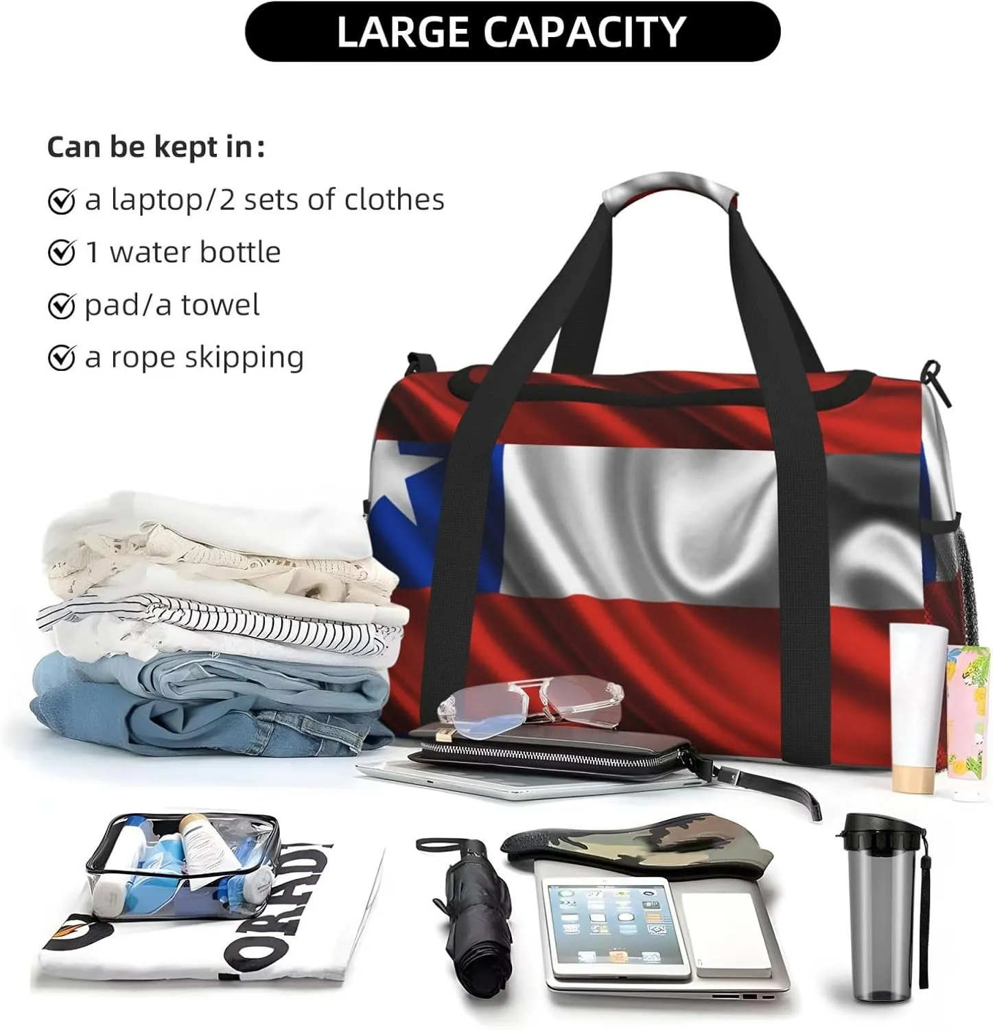 Chile Satin Flag Travel Duffel Bag Large Foldable Waterproof Overnight Bag For Beach Swim Bags Pool Sports Gym