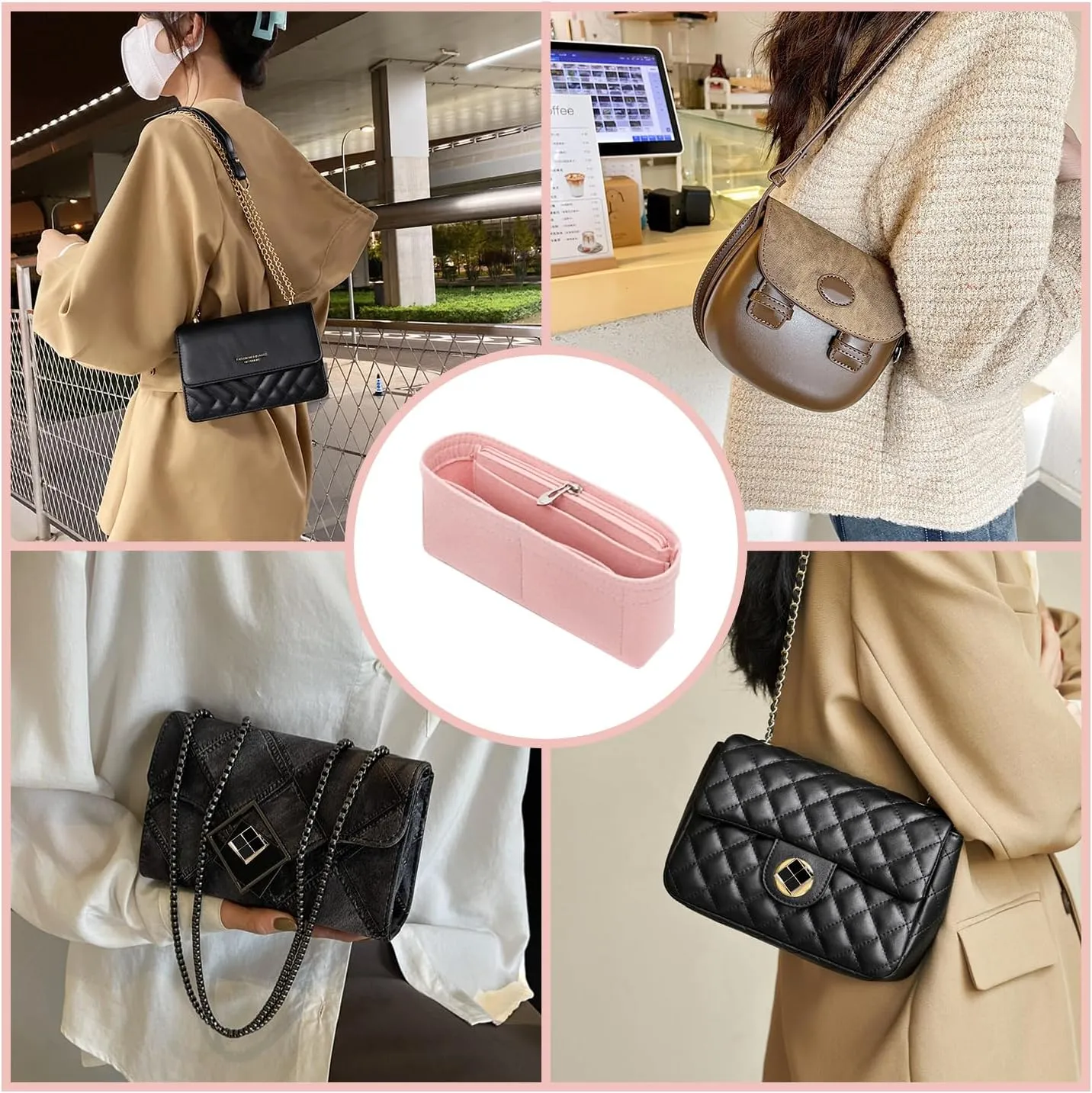 Chispee Purse Organizer for Longchamp GG Marmont Le Pliage mini Bag, Felt Handbag Insert Multi-Pocket(Pink)