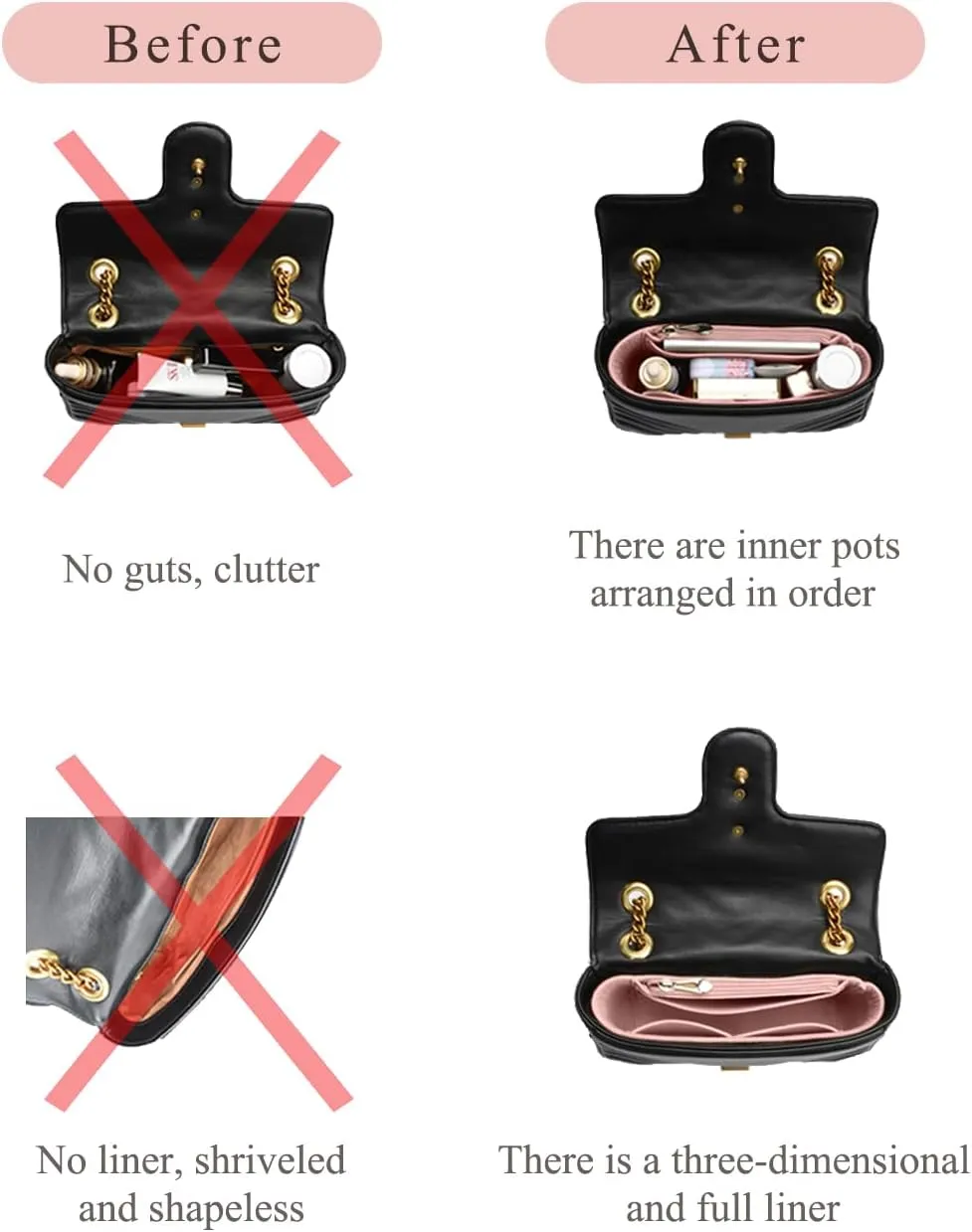 Chispee Purse Organizer for Longchamp GG Marmont Le Pliage mini Bag, Felt Handbag Insert Multi-Pocket(Pink)