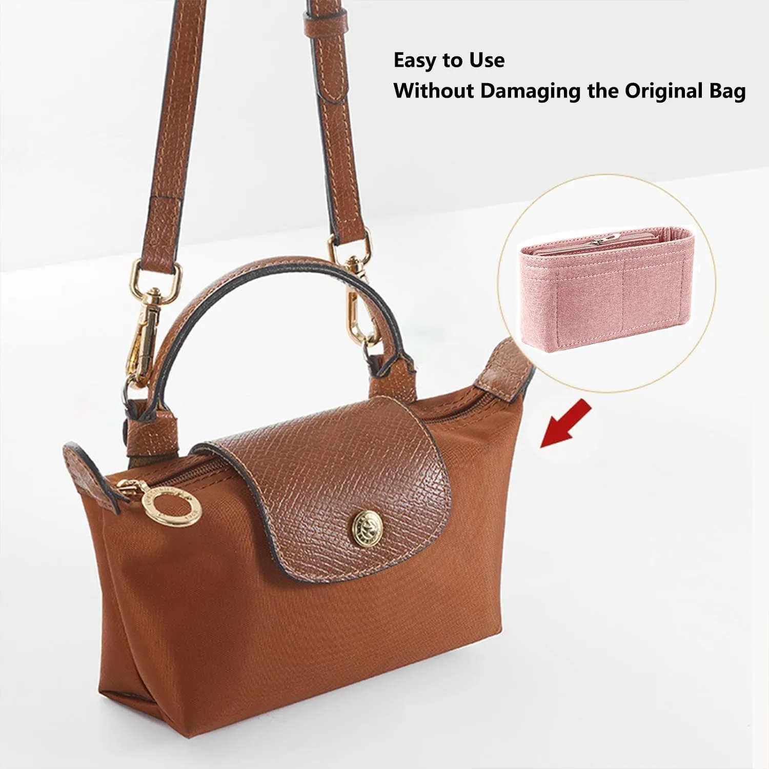 Chispee Purse Organizer for Longchamp GG Marmont Le Pliage mini Bag, Felt Handbag Insert Multi-Pocket(Pink)