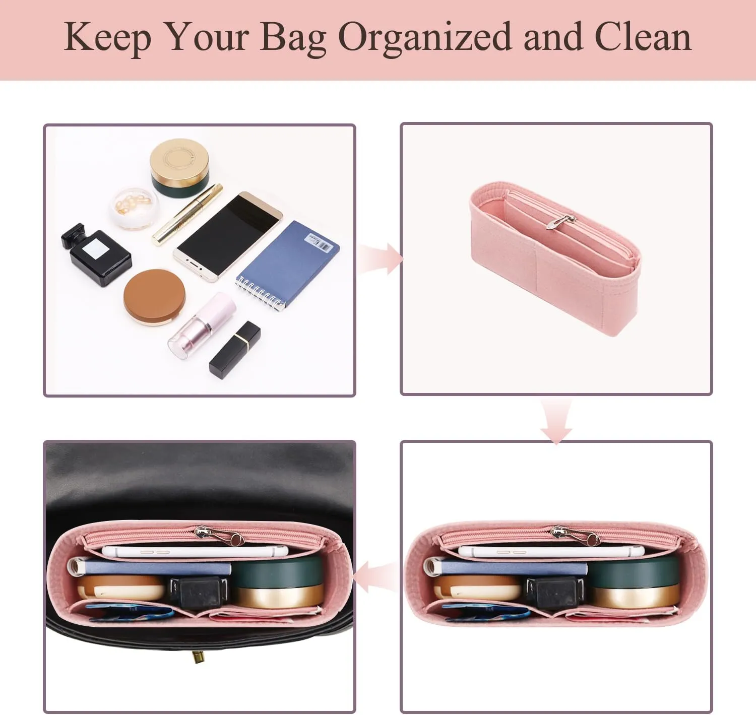Chispee Purse Organizer for Longchamp GG Marmont Le Pliage mini Bag, Felt Handbag Insert Multi-Pocket(Pink)
