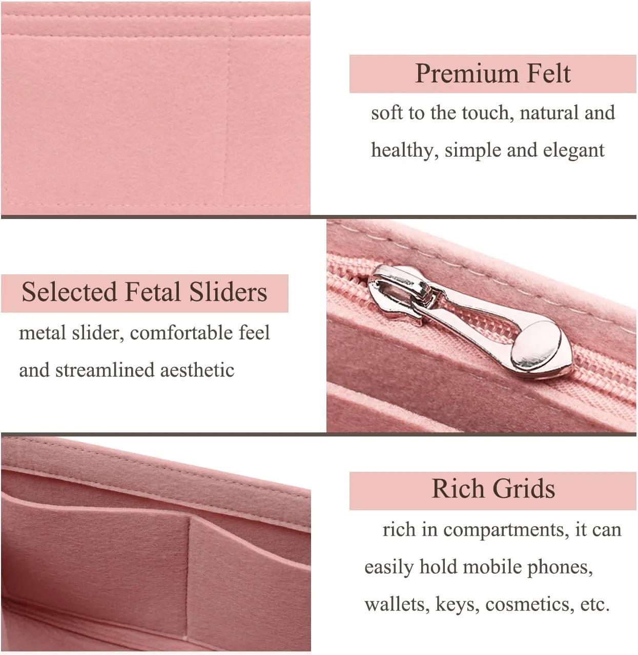 Chispee Purse Organizer for Longchamp GG Marmont Le Pliage mini Bag, Felt Handbag Insert Multi-Pocket(Pink)