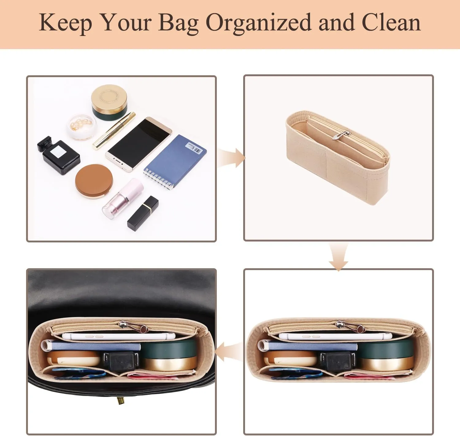 Chispee Purse Organizer Insert Felt Bag Organizer fit Longchamp/GG Marmont Matelasse Shoulder Bag Storage & Finishing Inner Bag Liner Handbags Insert Organizer,Beige