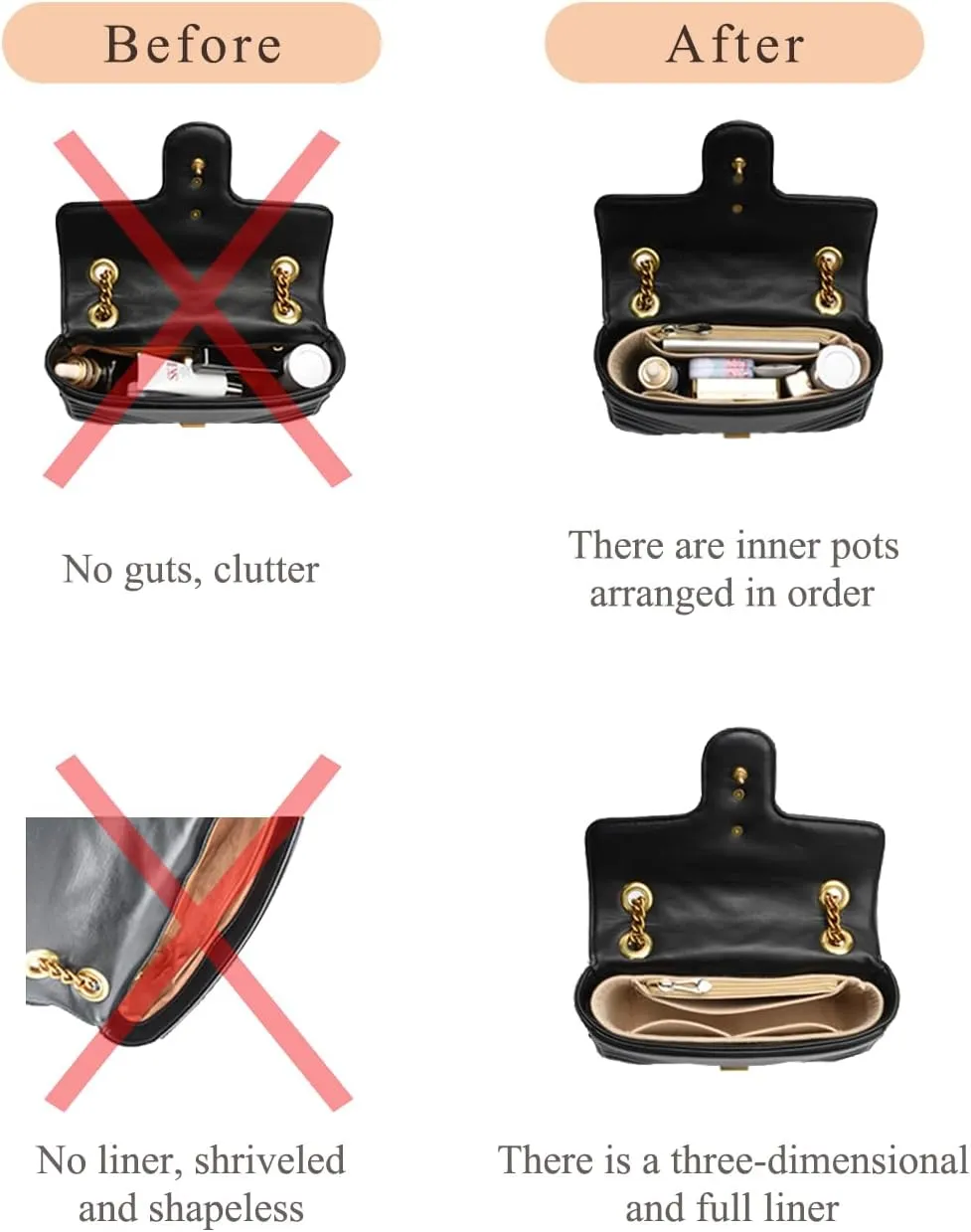 Chispee Purse Organizer Insert Felt Bag Organizer fit Longchamp/GG Marmont Matelasse Shoulder Bag Storage & Finishing Inner Bag Liner Handbags Insert Organizer,Beige