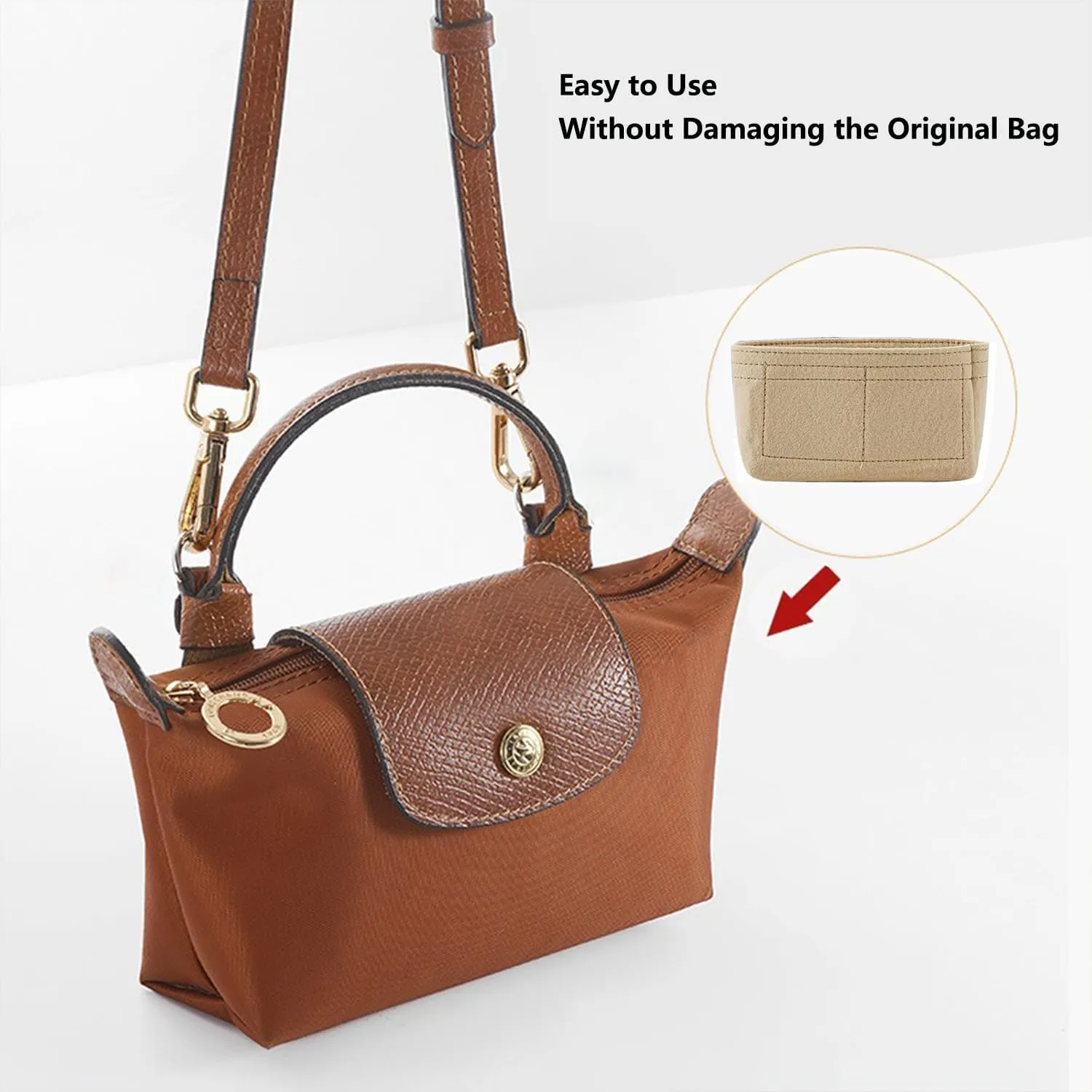 Chispee Purse Organizer Insert Felt Bag Organizer fit Longchamp/GG Marmont Matelasse Shoulder Bag Storage & Finishing Inner Bag Liner Handbags Insert Organizer,Beige