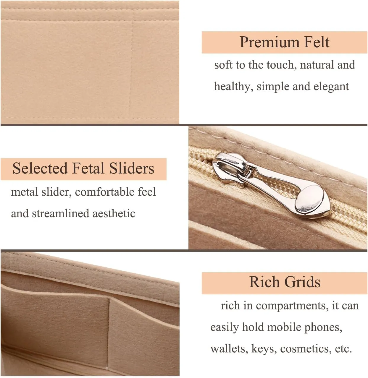 Chispee Purse Organizer Insert Felt Bag Organizer fit Longchamp/GG Marmont Matelasse Shoulder Bag Storage & Finishing Inner Bag Liner Handbags Insert Organizer,Beige