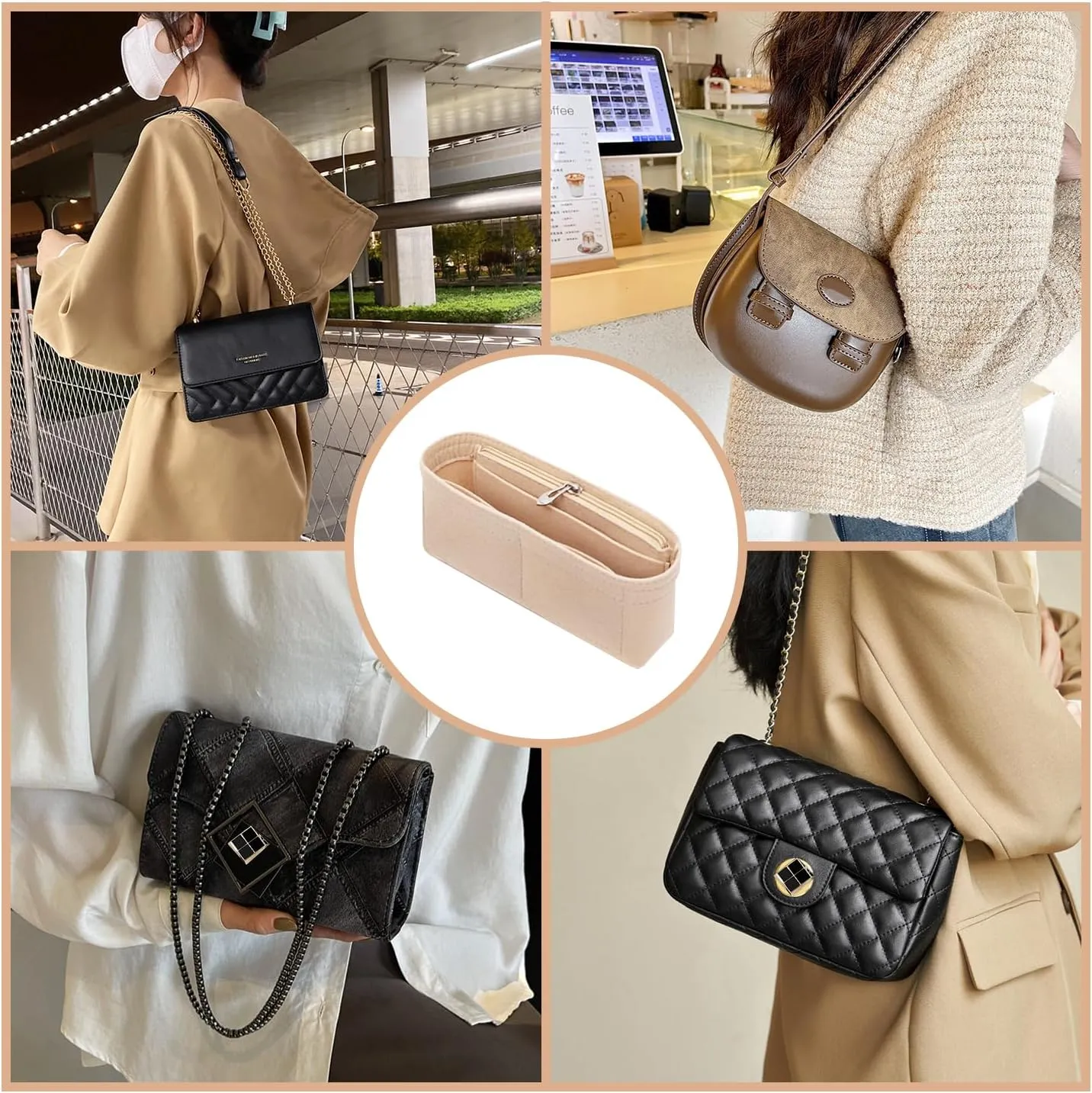 Chispee Purse Organizer Insert Felt Bag Organizer fit Longchamp/GG Marmont Matelasse Shoulder Bag Storage & Finishing Inner Bag Liner Handbags Insert Organizer,Beige