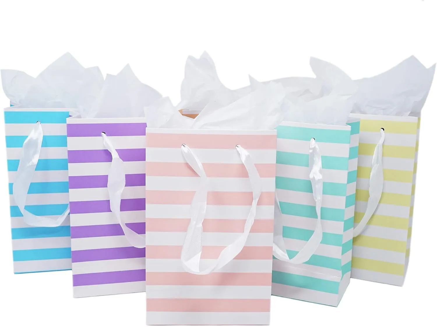 Chloe Elizabeth Paper Favor Gift Bags for All Events & Parties w/Satin Ribbon Handles   Decorative Tissue Paper, 12 Count (Rainbow Pastel Mix)